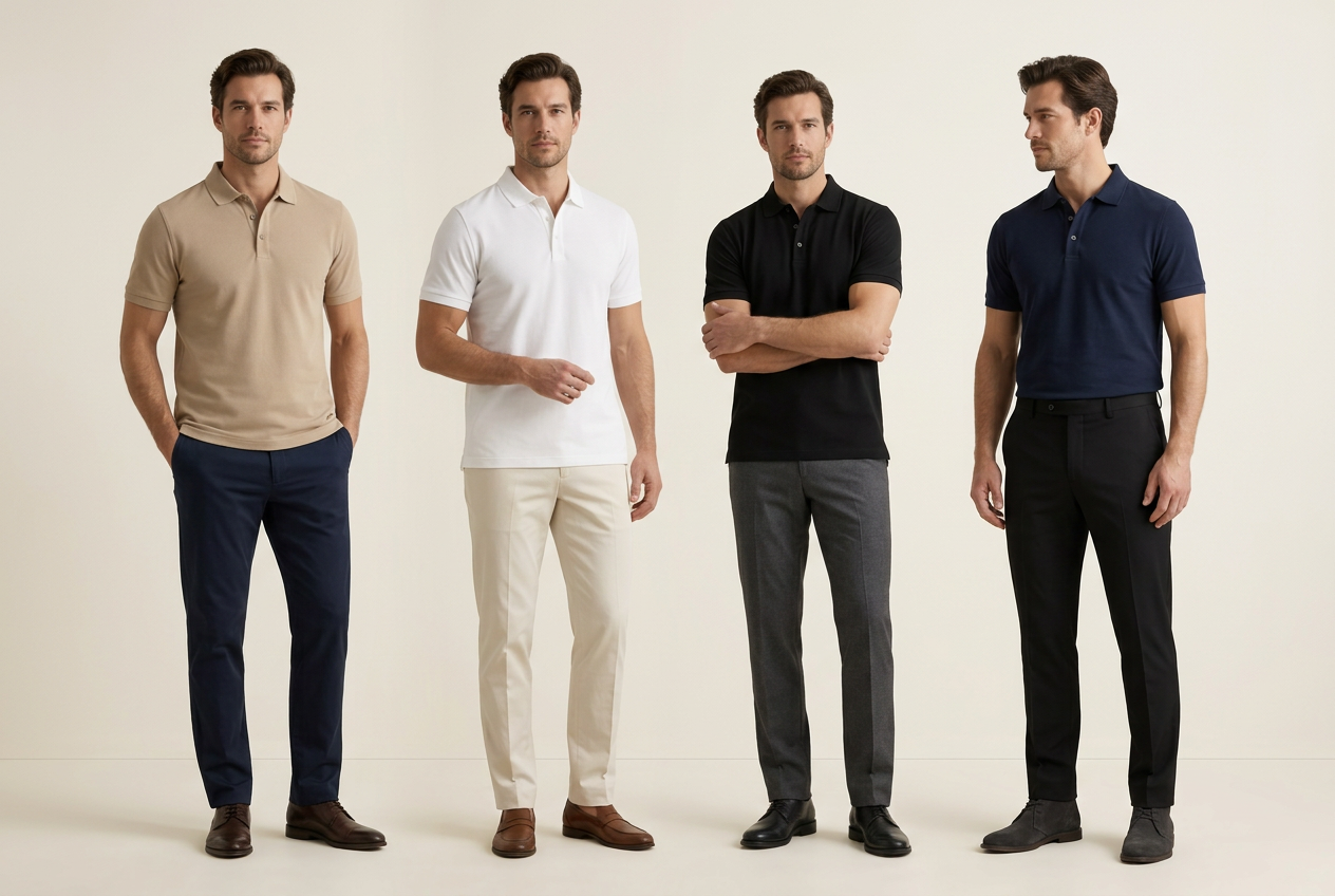 Modelos usando polo manga corta en sus colores disponibles