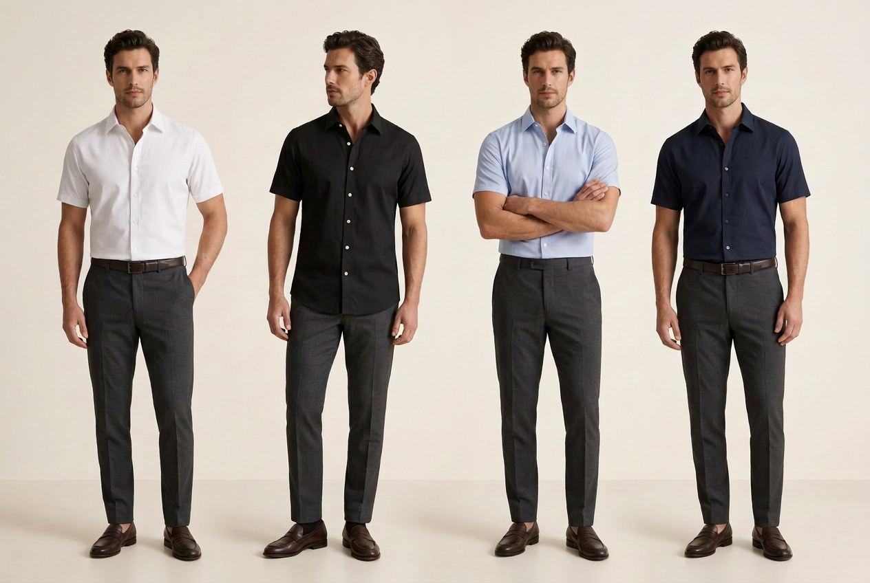 Modelos usando camisa formal-sport manga corta en sus colores disponibles